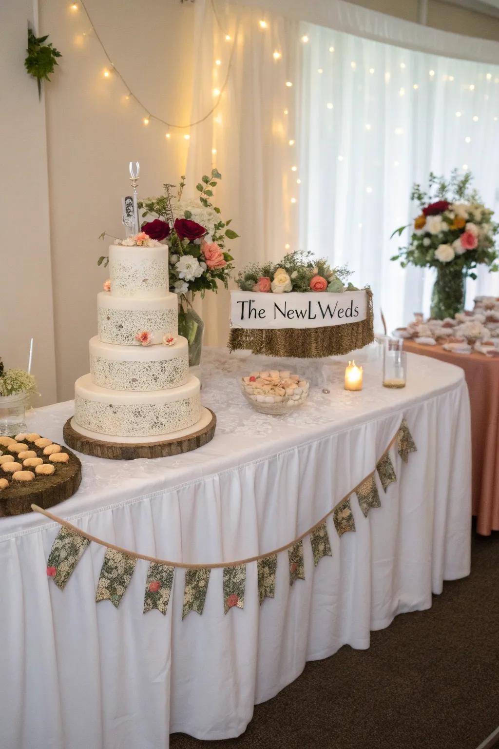 A personalized banner adding charm to the wedding cake display.