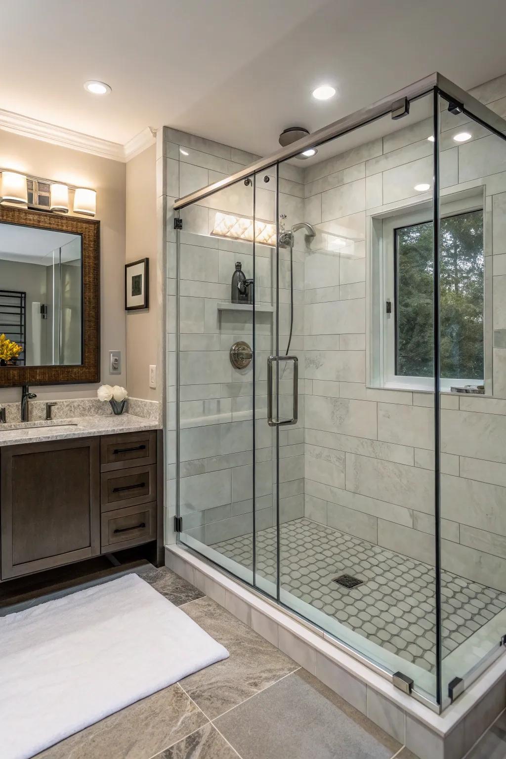 A frameless glass door enhances the spacious feel of a small shower.