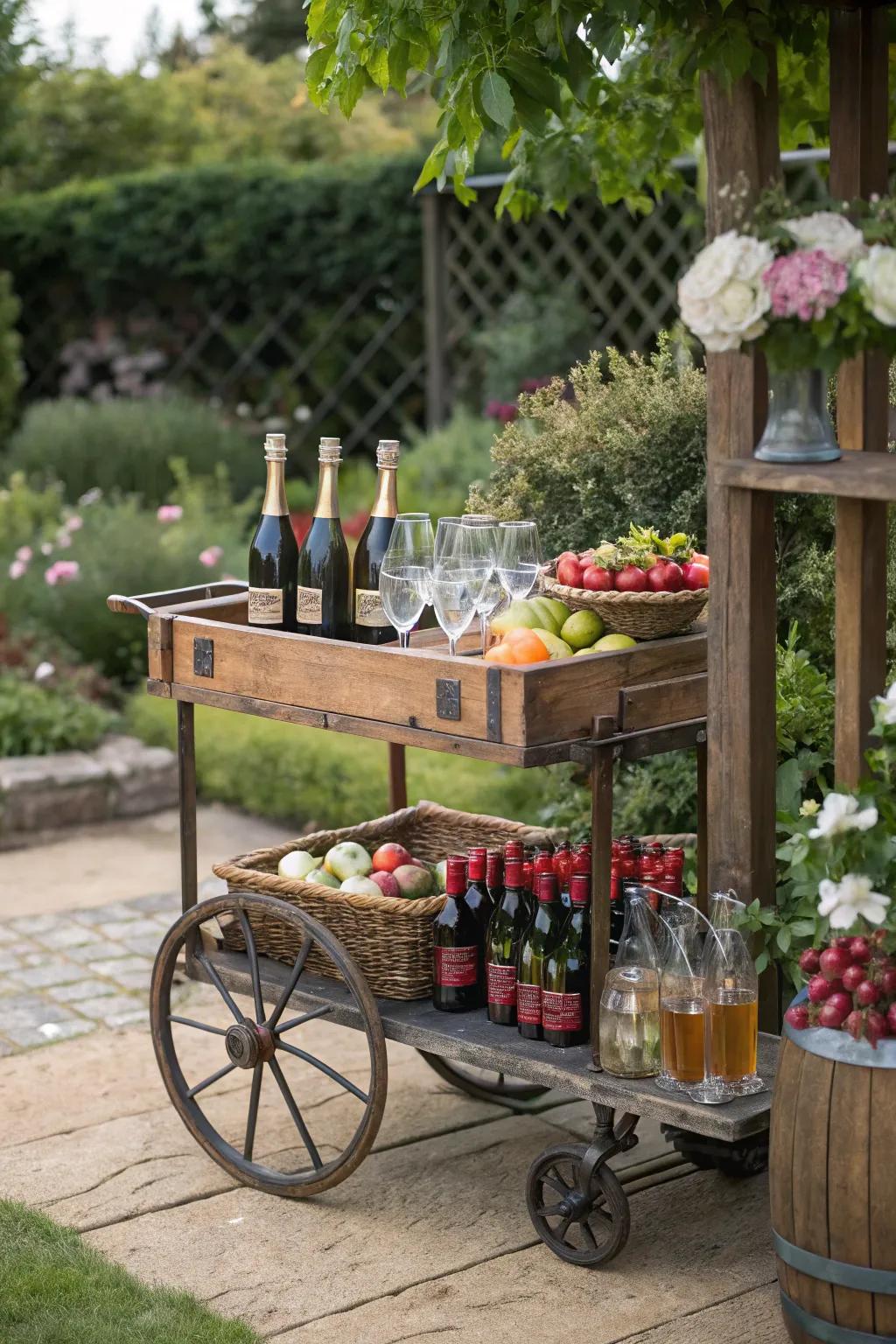 A vintage garden cart serves as a charming bar at a garden party.