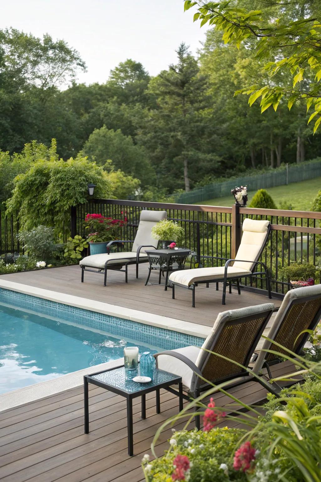 Relax by the pool with a cozy seating nook.