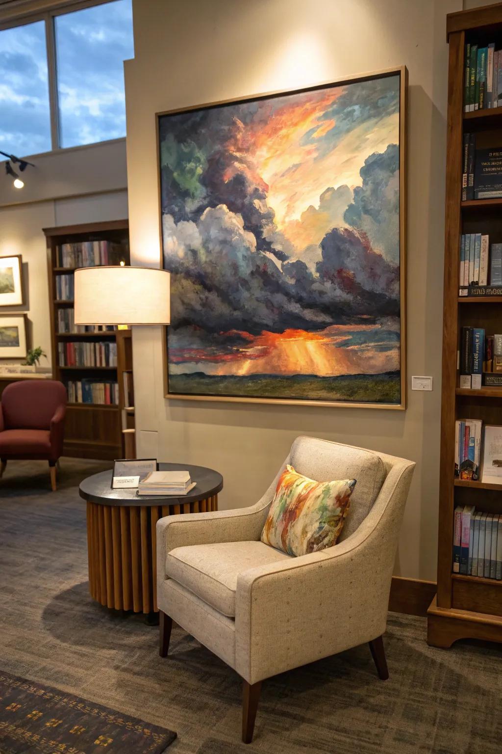 Abstract sky painting adding a dramatic flair to a cozy corner