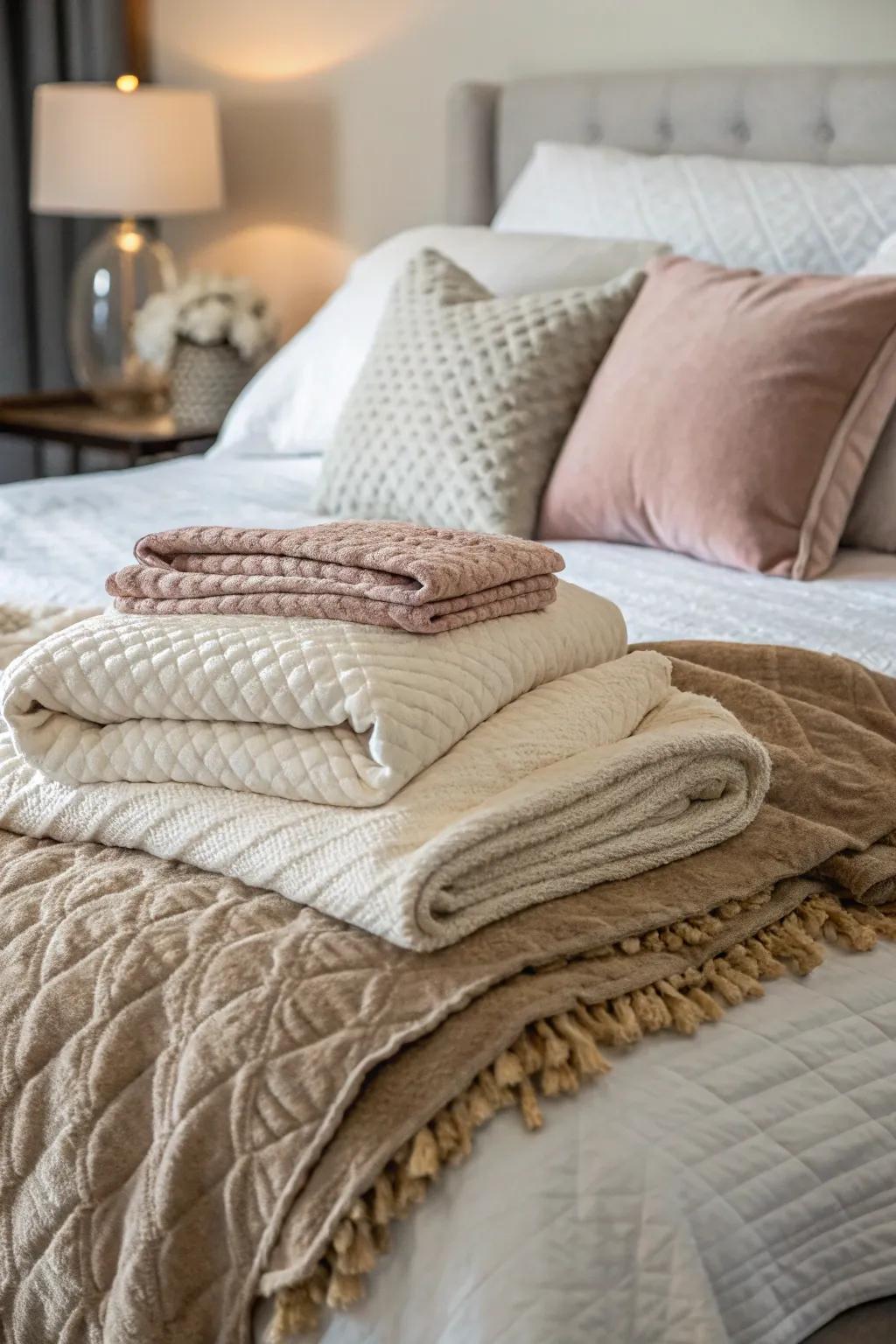 Layered bedding with soft textures creates a cozy bed.