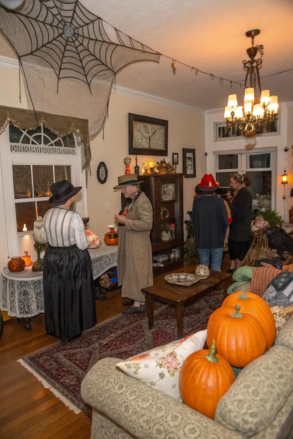 A vintage costume ball with guests dressed in historical attire.