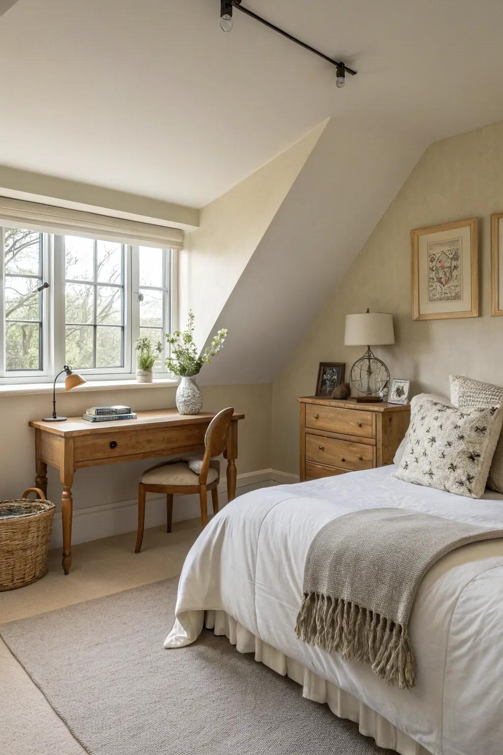 A neutral palette imparts serenity and openness to your attic space.