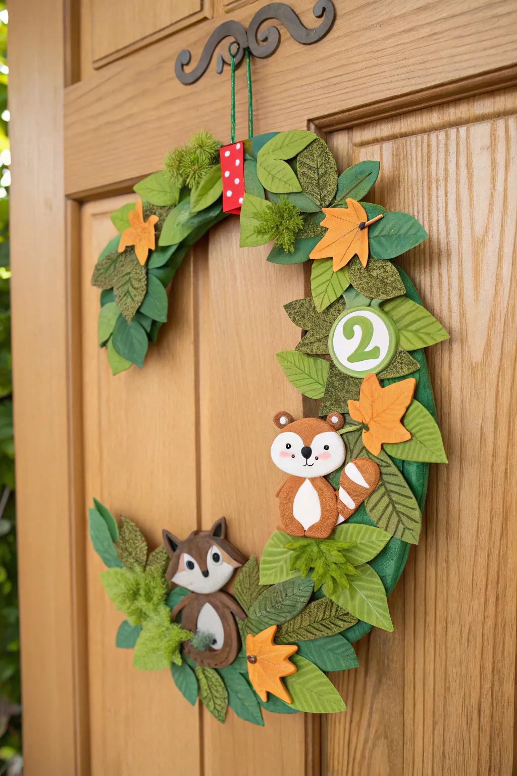 A nature-inspired door hanger with woodland elements for a baby boy's room.