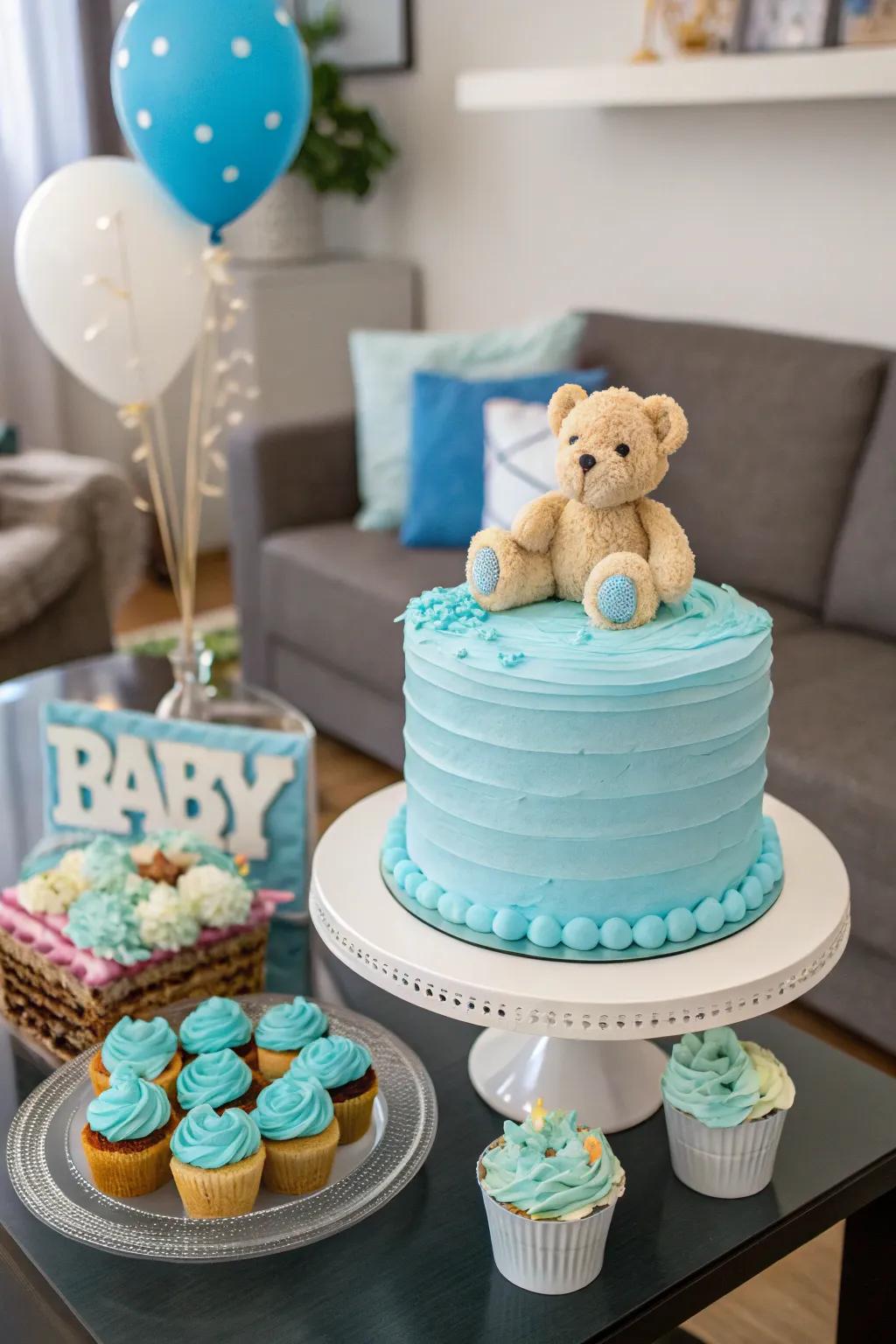 Charming buttercream cake with a delightful teddy bear topper.