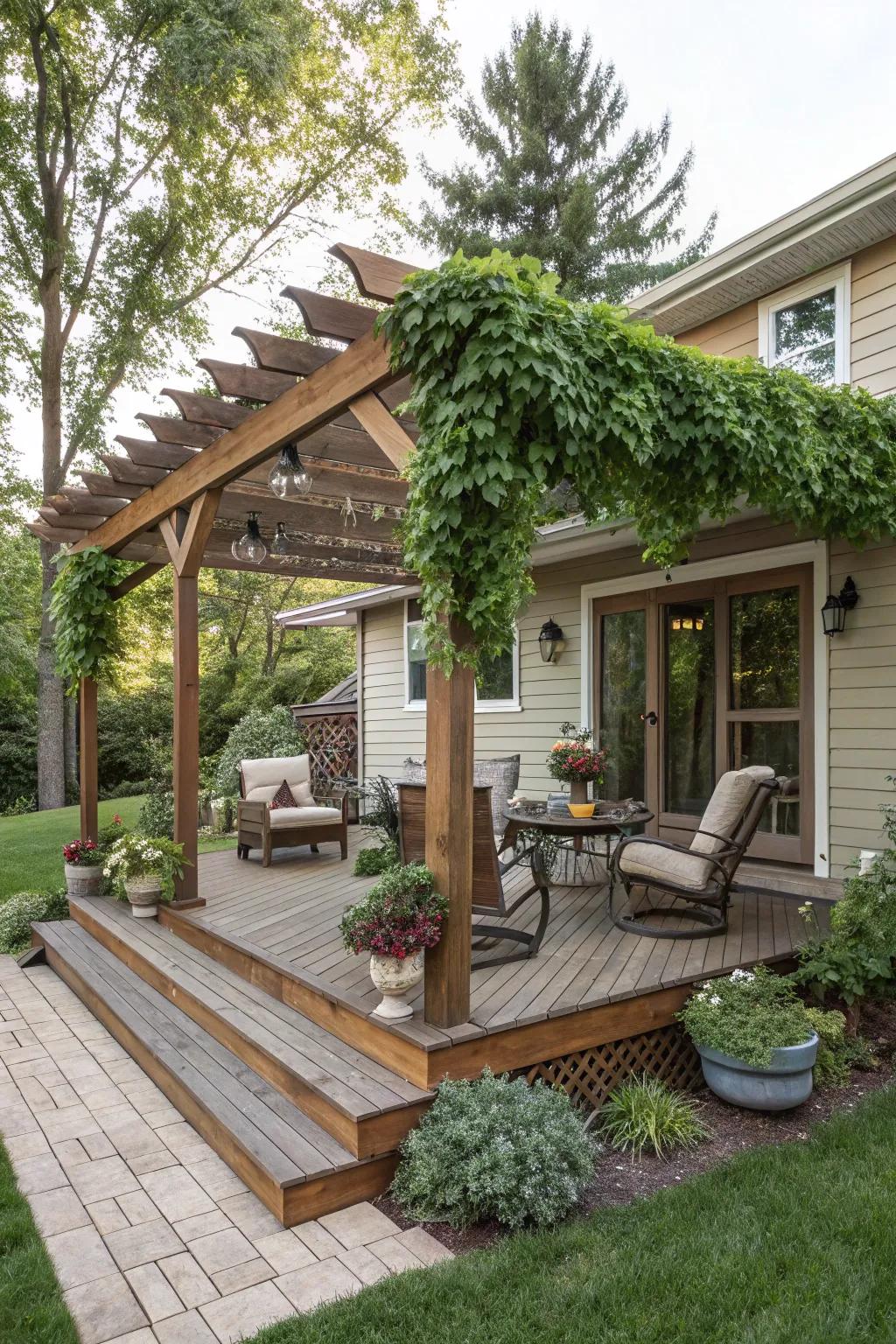 Pergolas add elegance and comfort, perfect for sunny afternoons.