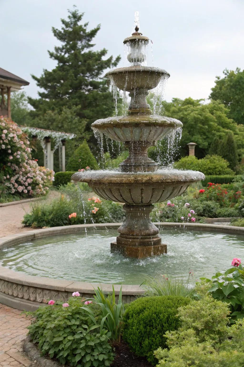 A classic tiered fountain adds grandeur and charm to any outdoor area.