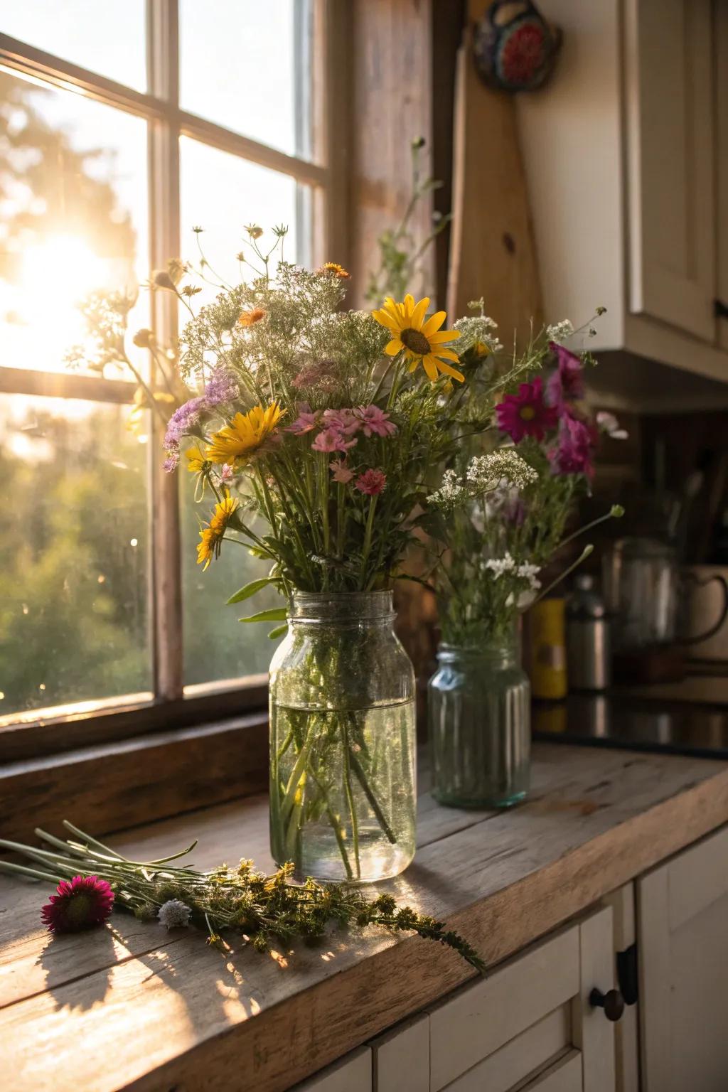 Country-style floral displays in antique preserving jars introducing natural charm.