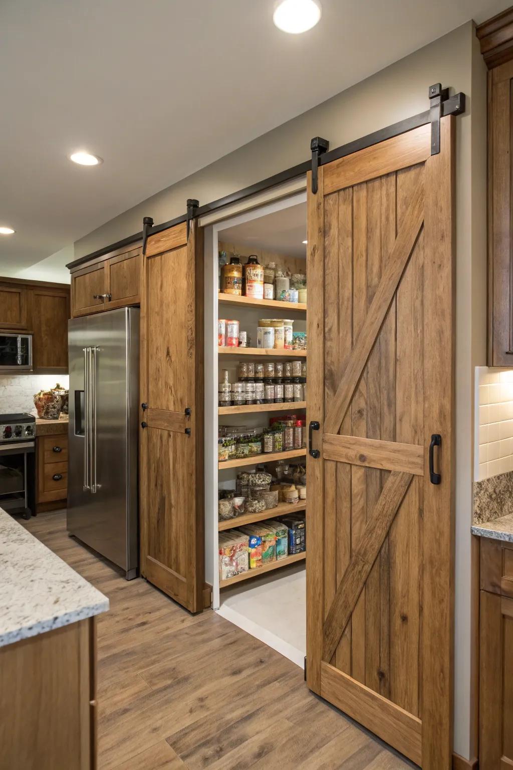 A kitchen with a double sliding barn door pantry.