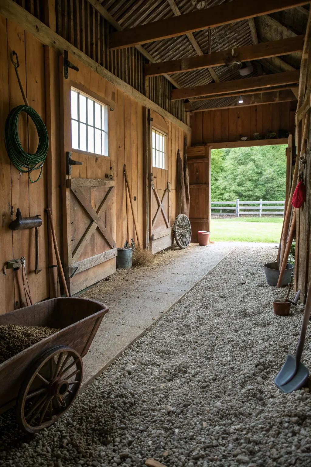 Gravel floors provide a natural look with excellent drainage.