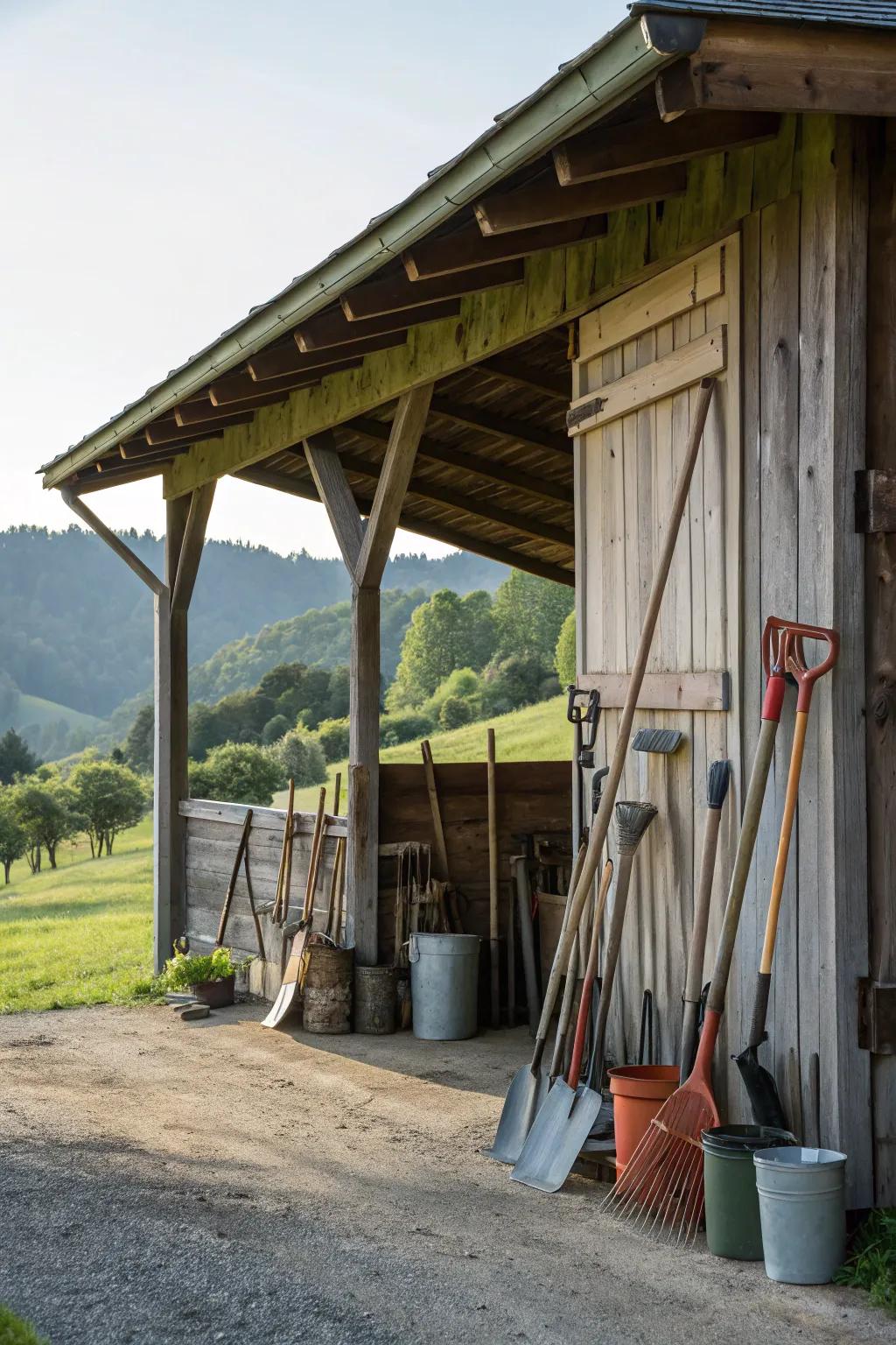 A barn with a full-length overhang offering extensive protection.