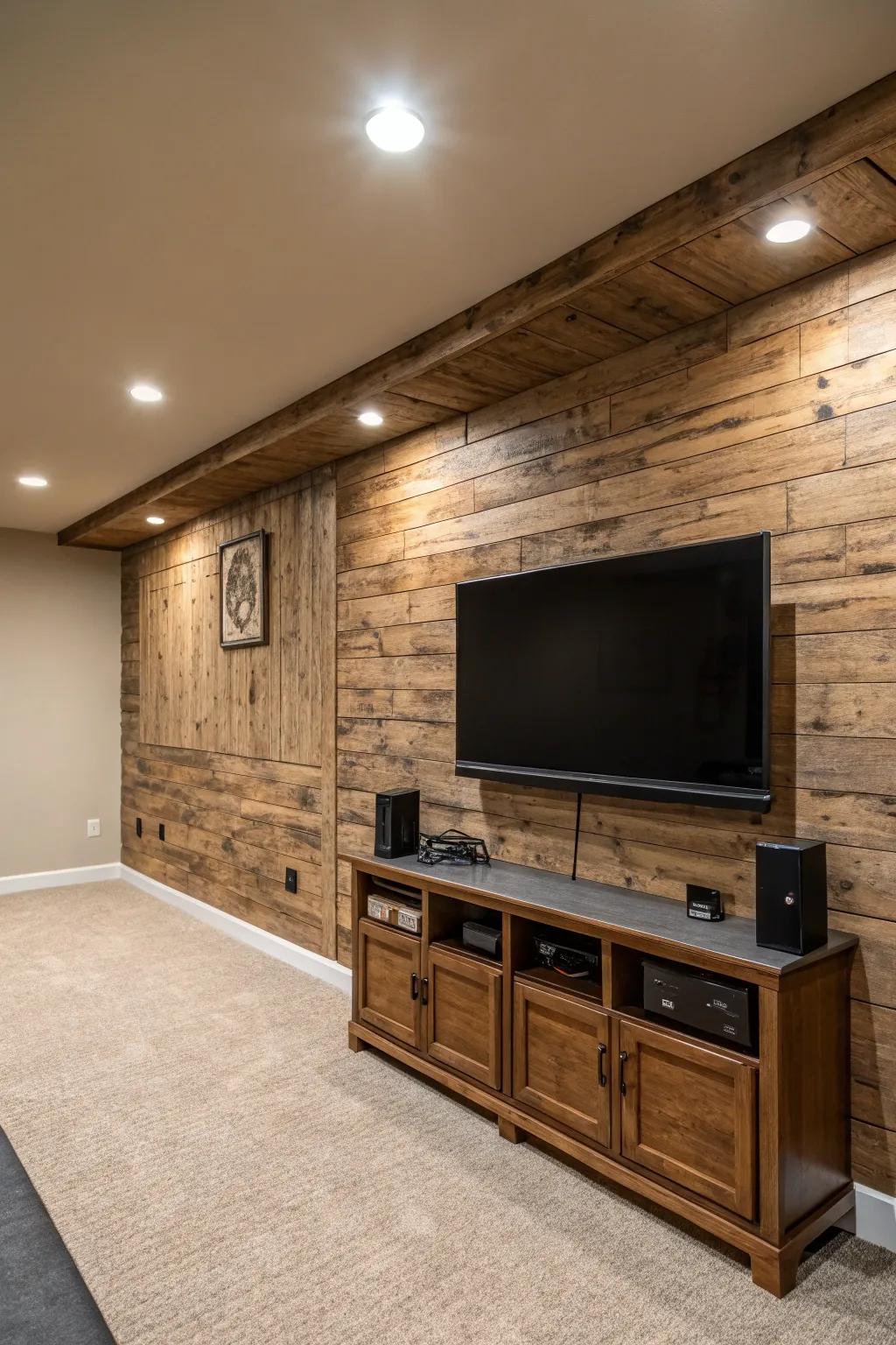 A basement TV wall featuring a textured wood accent wall that adds warmth and character to the space.