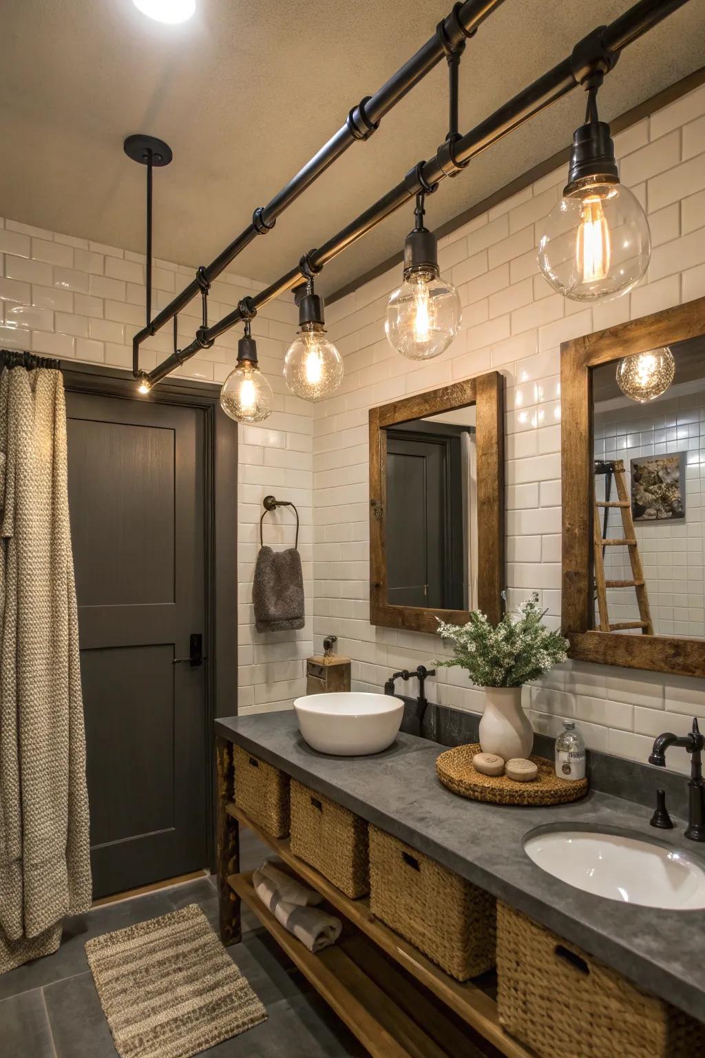 Industrial metal track lighting adds edge to your bathroom.