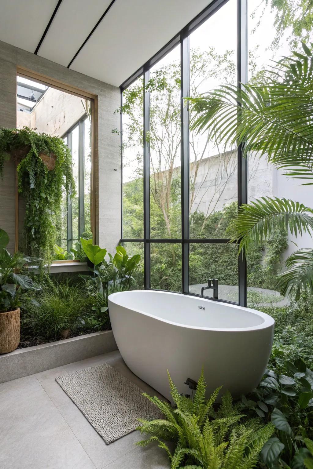 Plants add a fresh, natural touch to this bathroom with a bathtub.