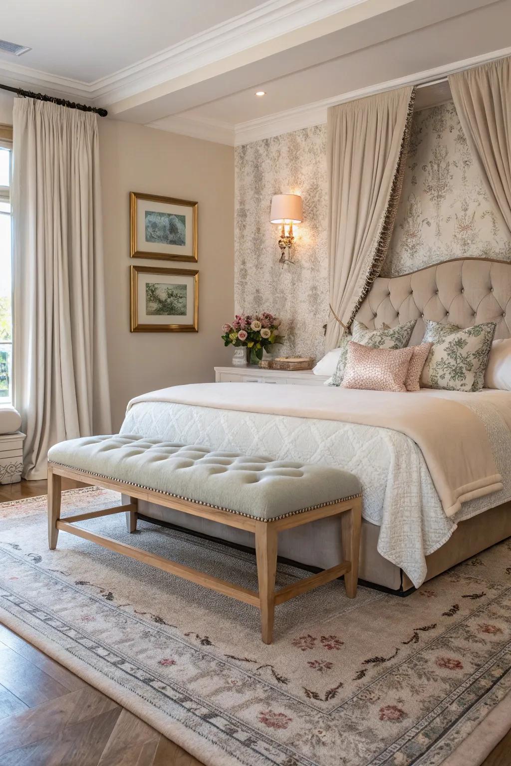 A bench at the bed's foot adds elegance and utility.