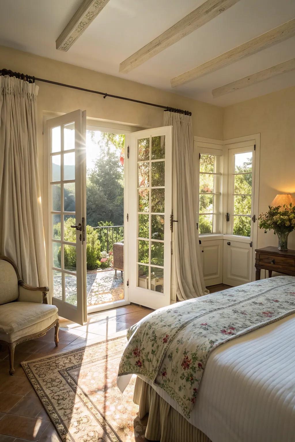 Traditional hinged panels add a touch of refined charm to the bedroom.