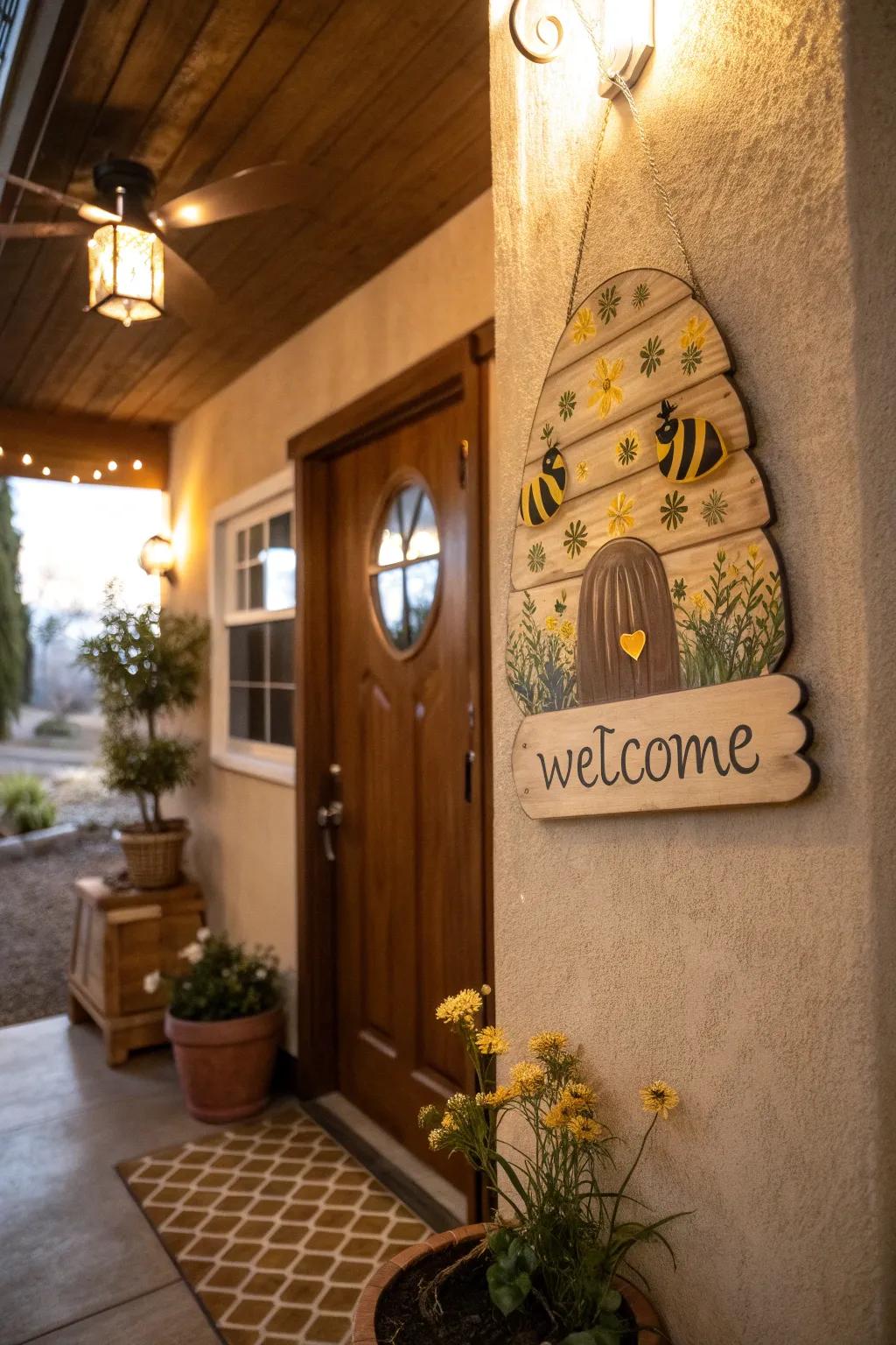 Greet your guests with a charming beehive welcome sign.