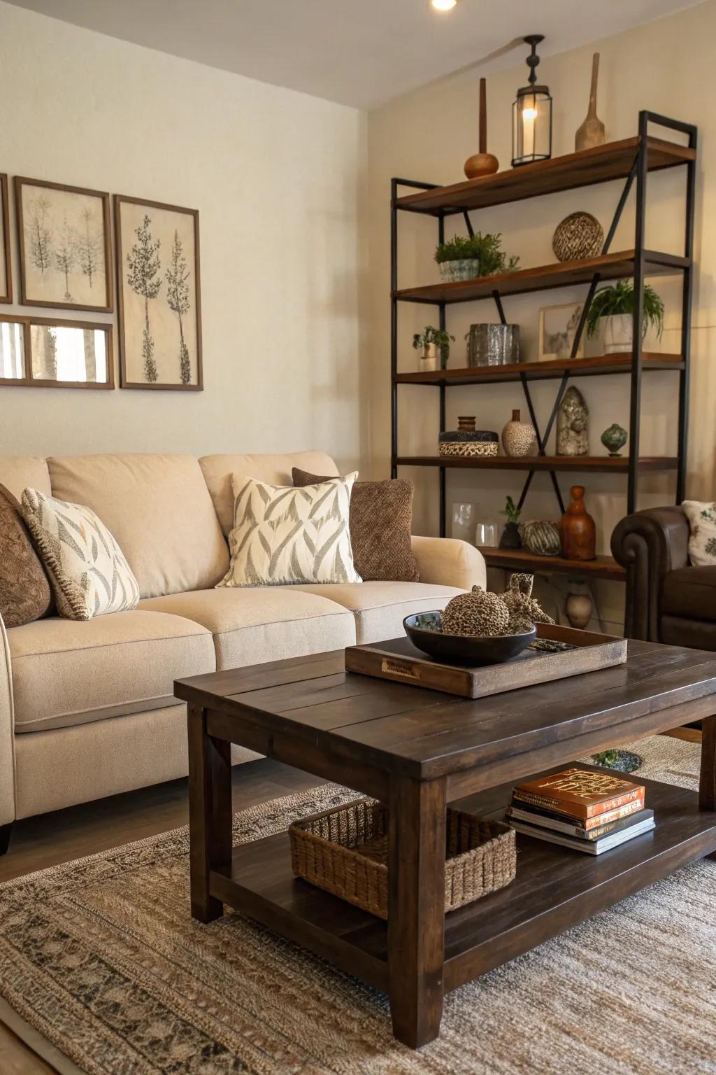 A chic living room with a beige couch contrasted by dark wood accents.