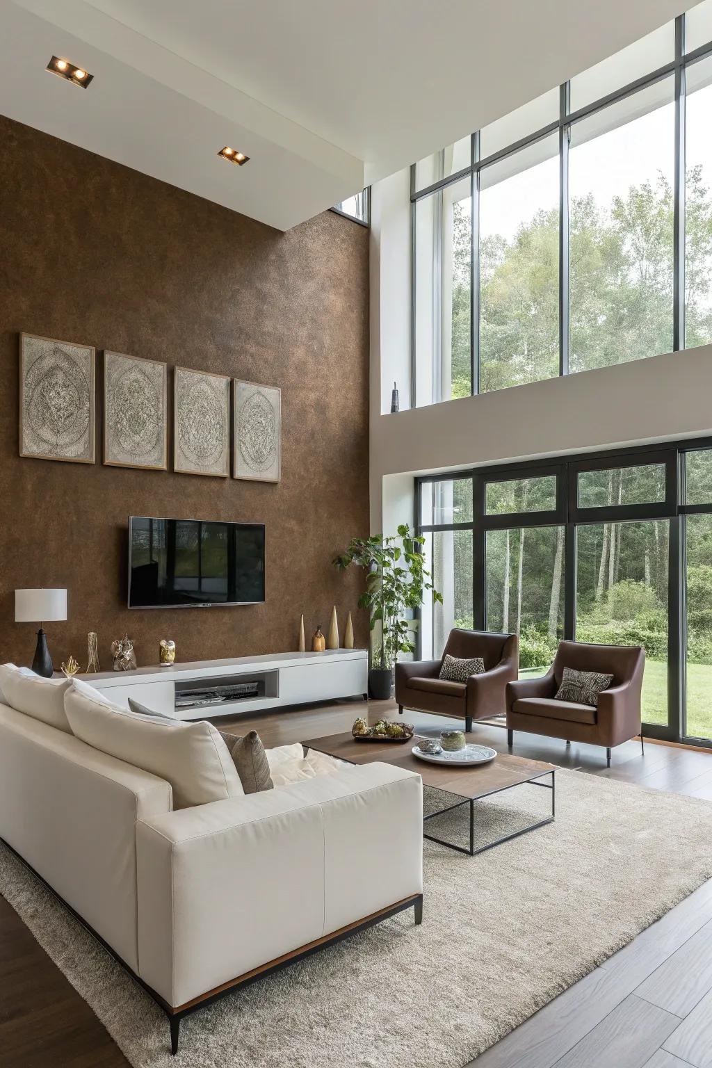 Contemporary refinement showcased through a striking brown accent wall.