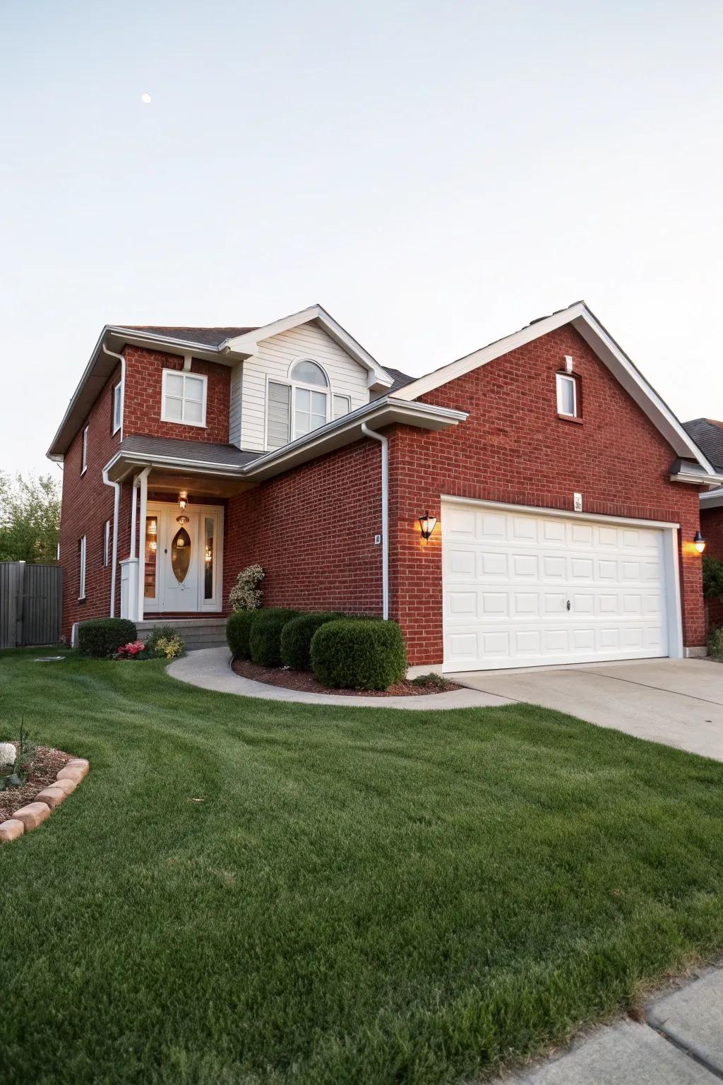 A white garage door offers a fresh and inviting contrast to red brick.