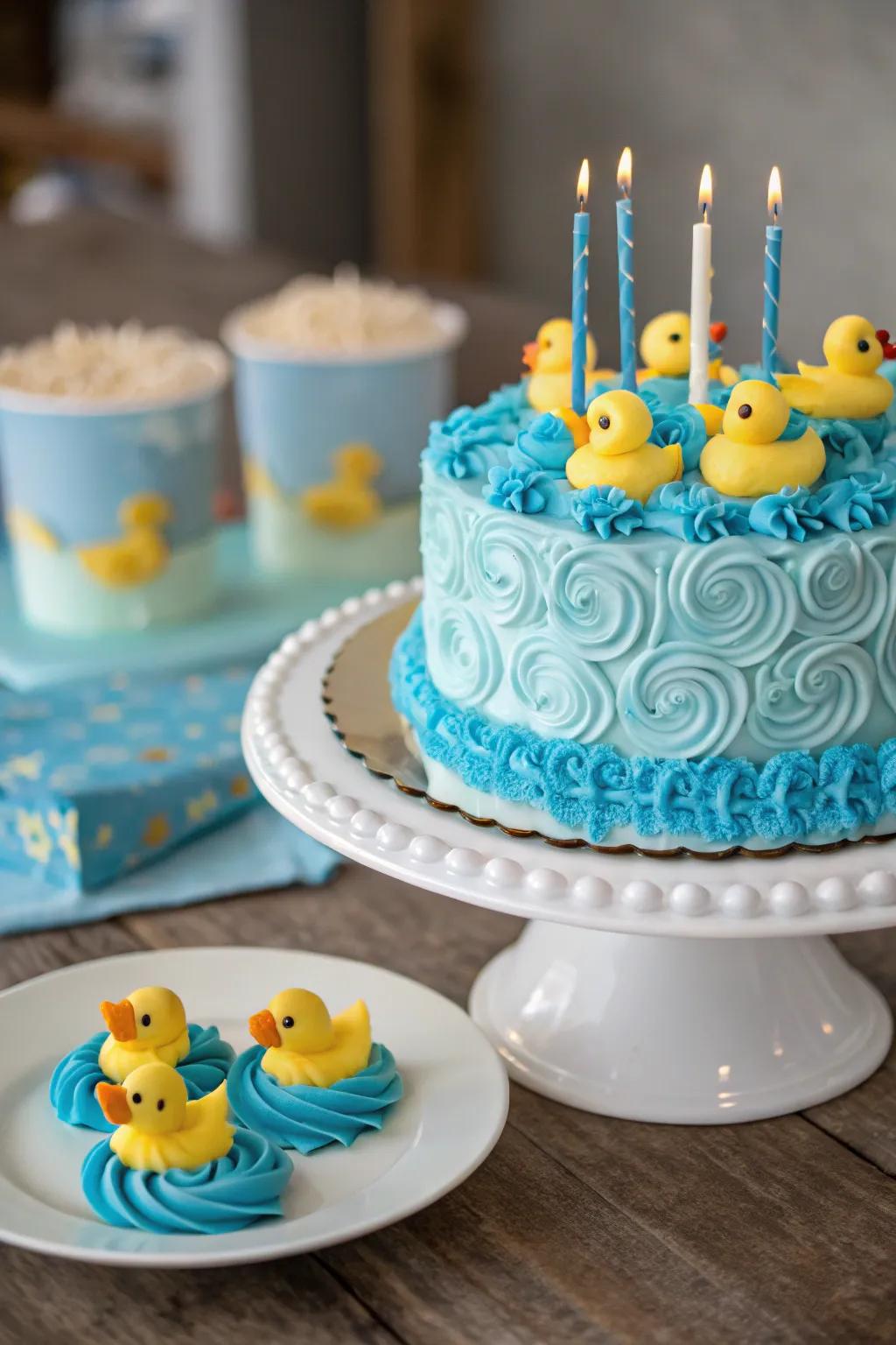 A delightful duck-themed birthday cake.