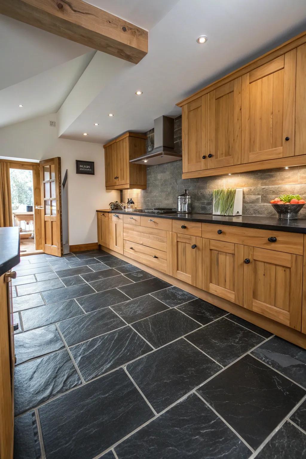 A kitchen showcasing the rich texture of natural slate black floor tiles.