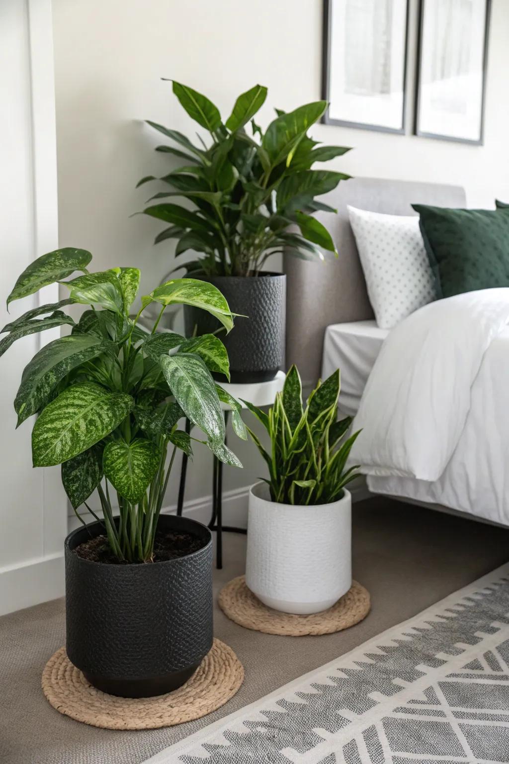 Green plants adding a lively touch to a black and white bedroom.