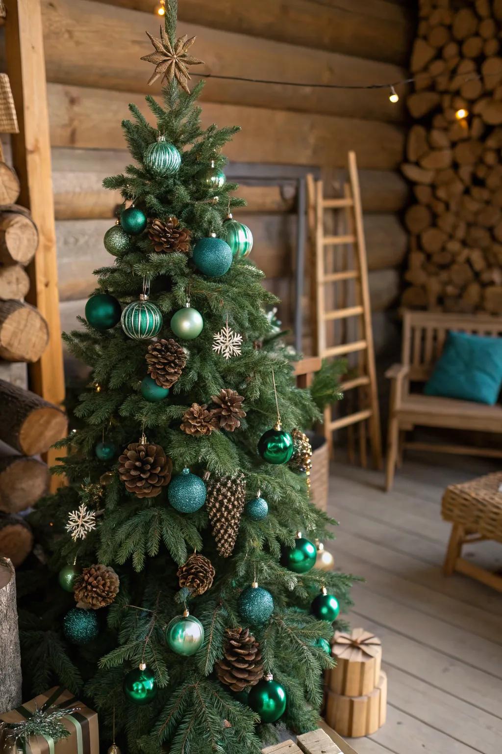 A nature-inspired tree with forest green and teal for a rustic yet luxurious look.