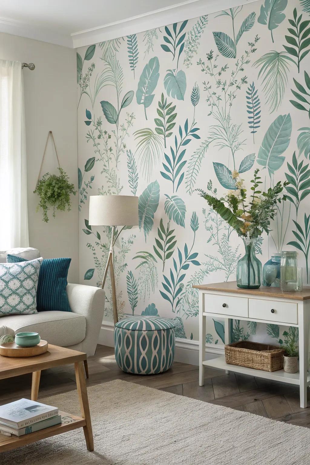 Floral-inspired wallpaper fashions a lively and spirited backdrop.