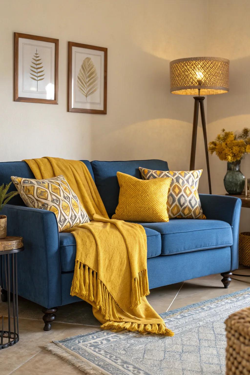 A pop of mustard yellow can elevate the blue sofa's charm.