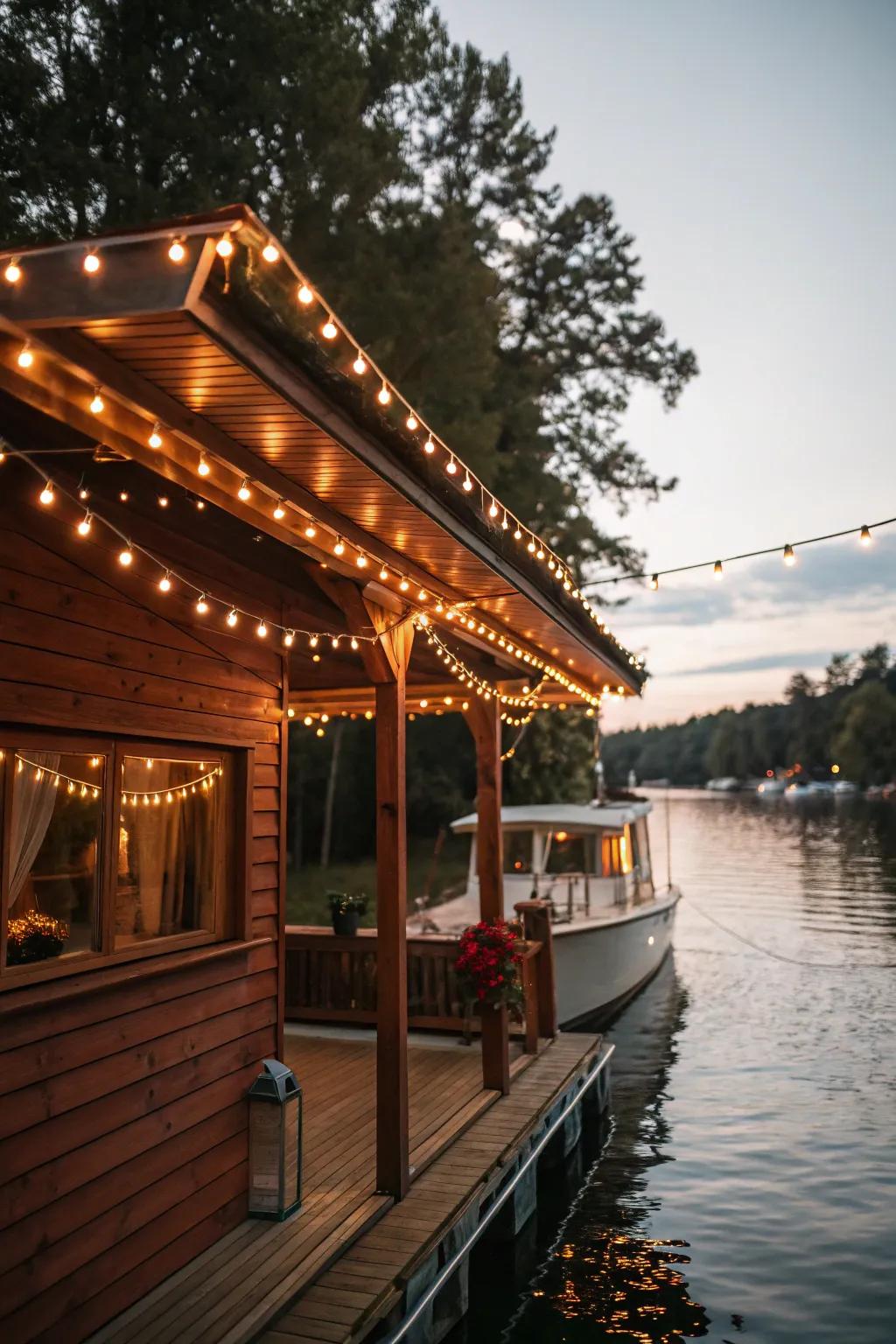 Overhead string lights add a festive and cozy charm to the boat house.