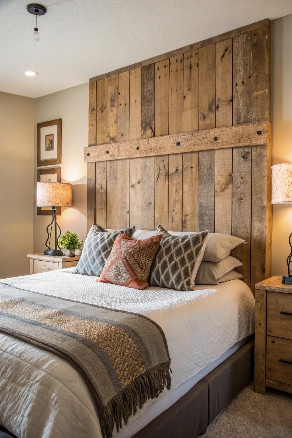 Reclaimed wood comes together to create an appealing and eco-conscious headboard.