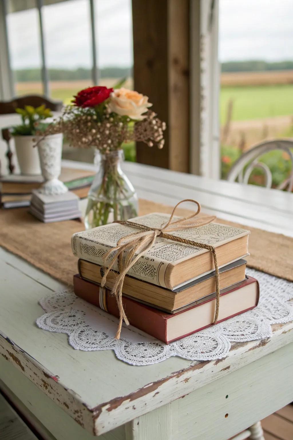 Rustic elegance with books wrapped in twine and lace.