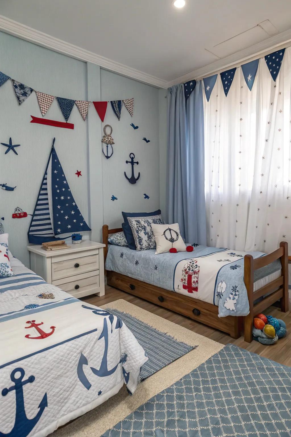 A cohesive theme like nautical adventures can unify a shared space.