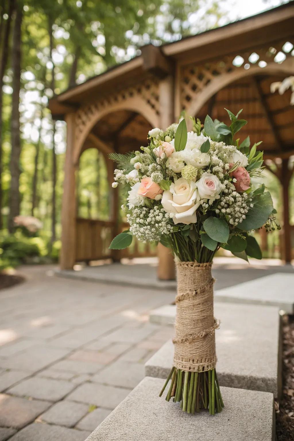 Hessian wraps adding a cozy, rustic charm to wedding bouquets.