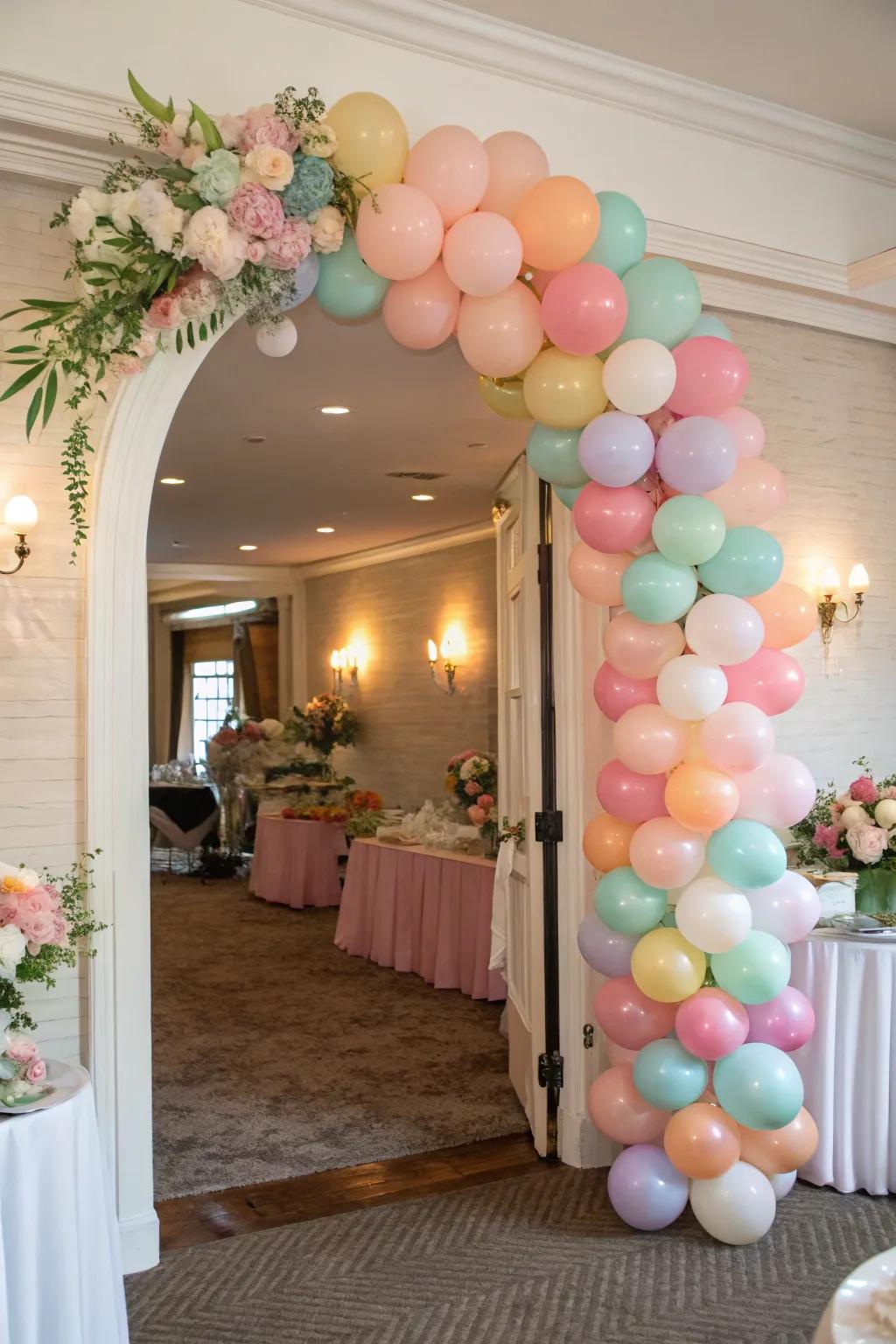 An explosion of vibrant balloons beautifully frames the entrance, instilling a sense of playful delight.