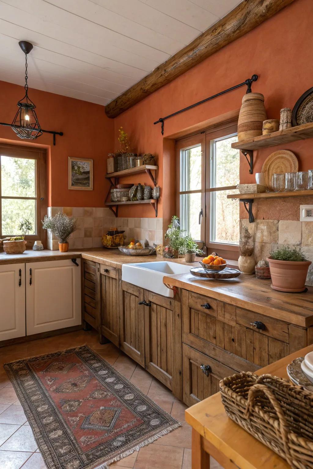 A kitchen with warm terracotta walls enhancing the cozy atmosphere.