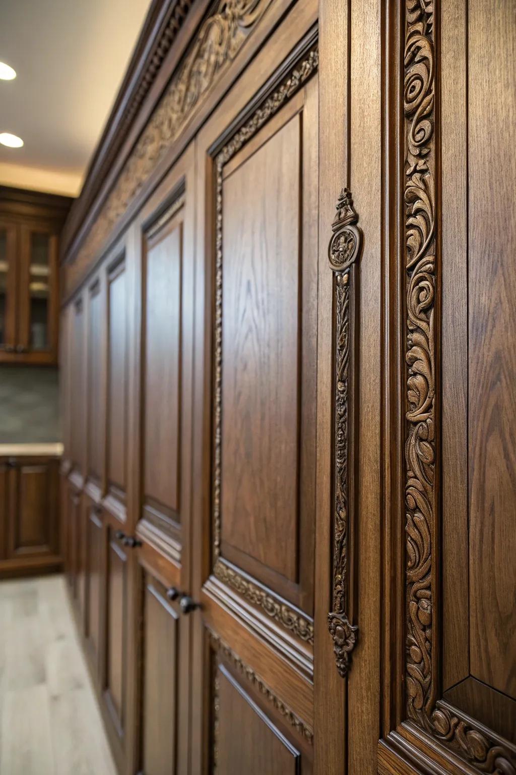 Wood trim enhances the elegance of these cabinet doors.