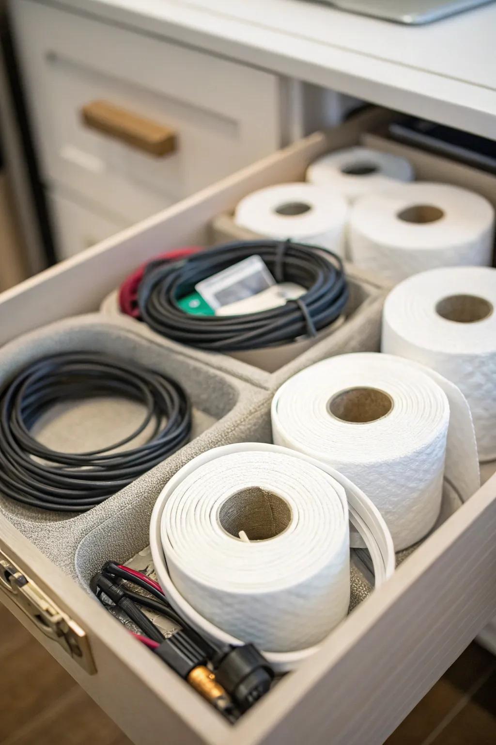 Toilet paper rolls as creative cable organizers.