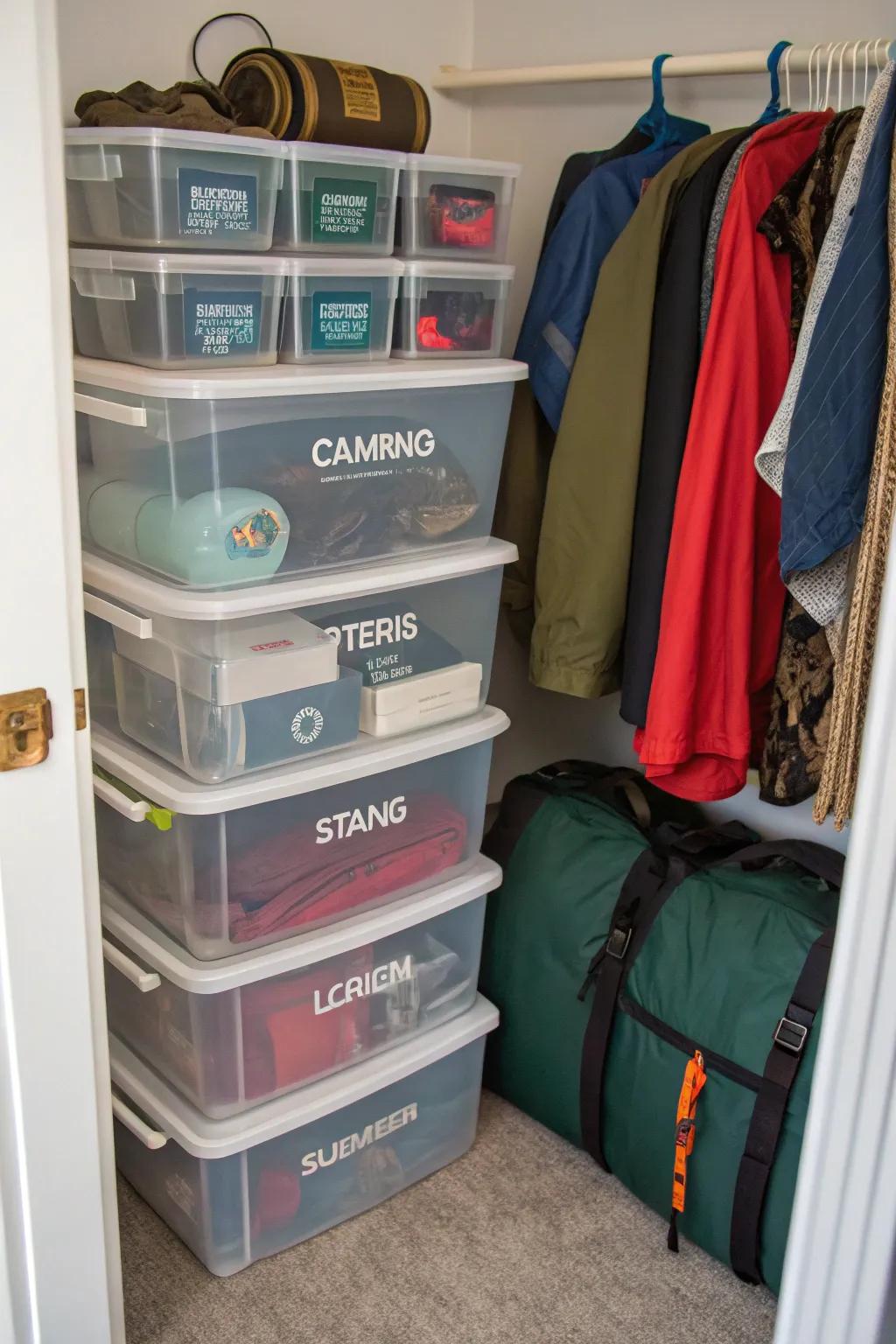 Clear bins keep small camping items organized and visible.