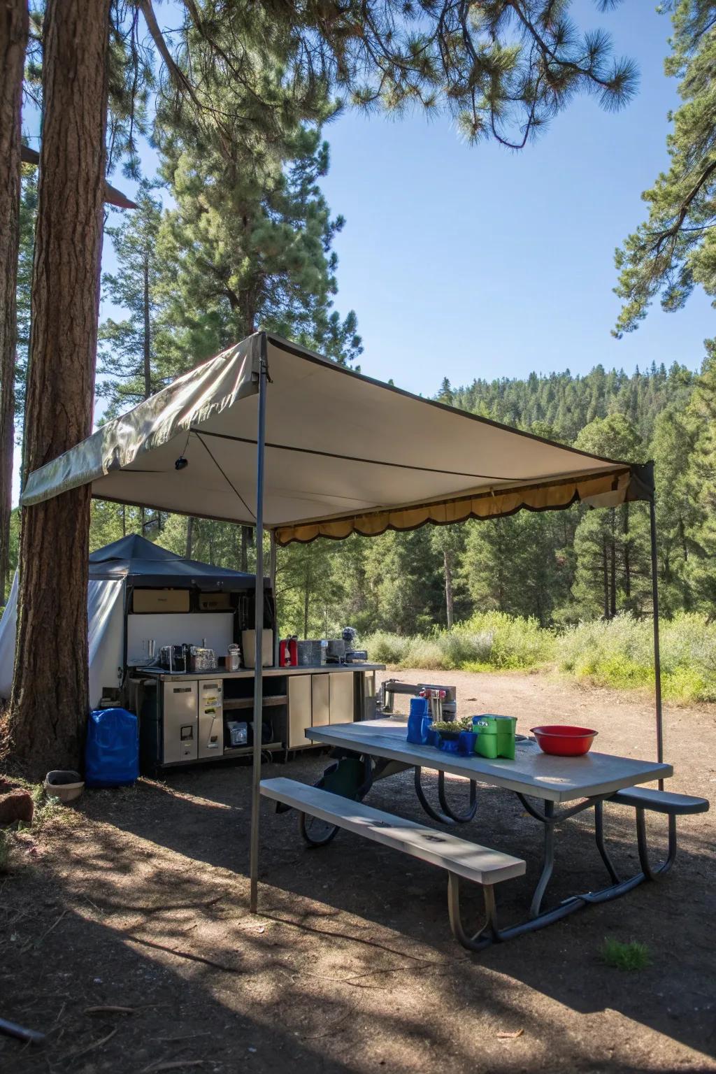 A tarp providing essential cover for a camping kitchen.