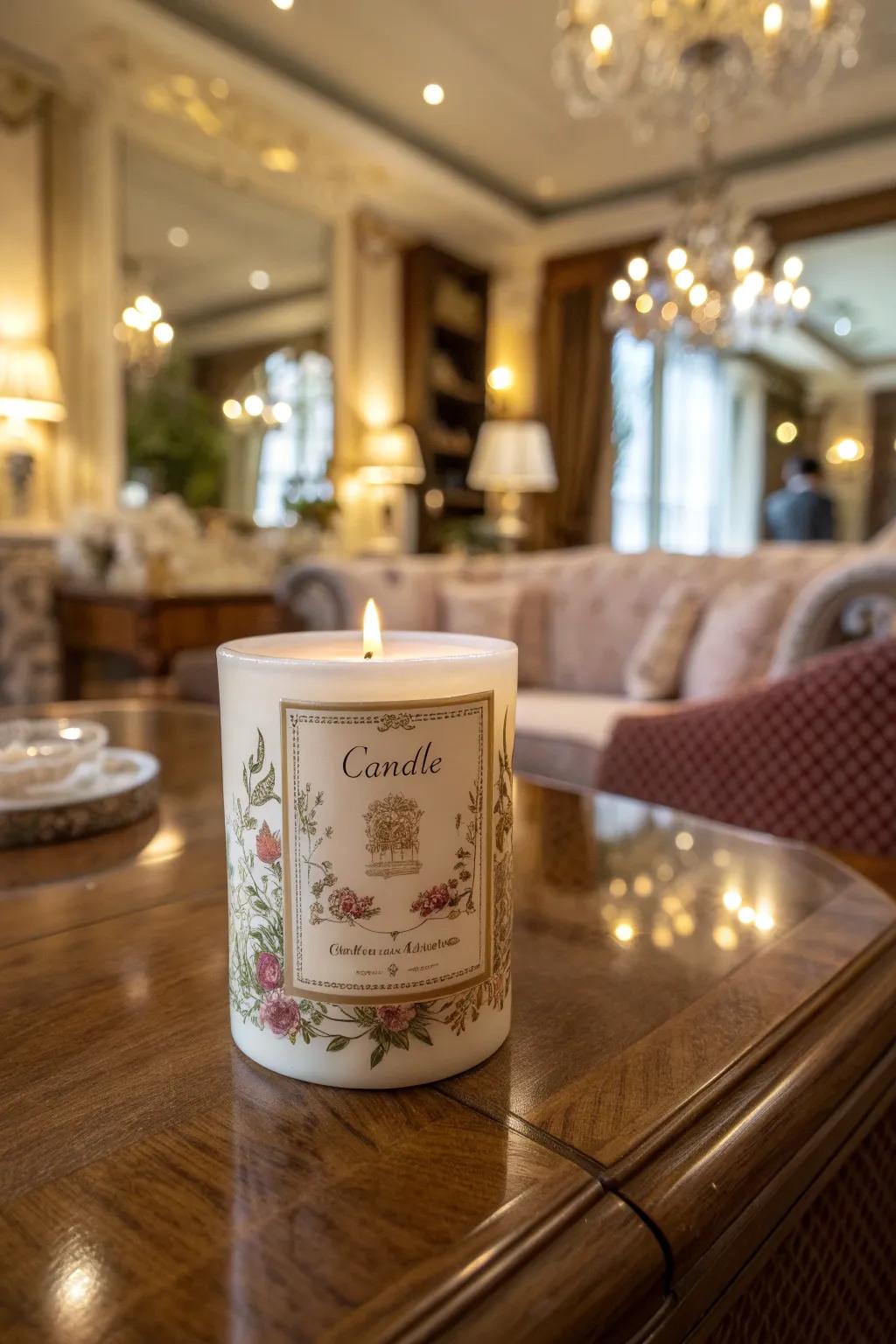 Sophisticated candle labels introducing an element of glamour.