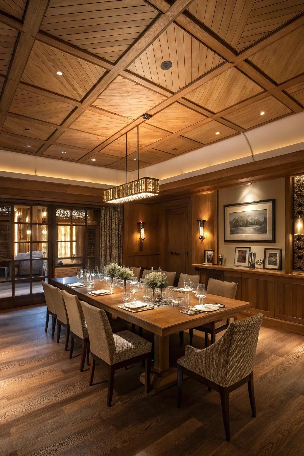 A refined dining space enhanced by the inviting aura of an amber canopy ceiling.