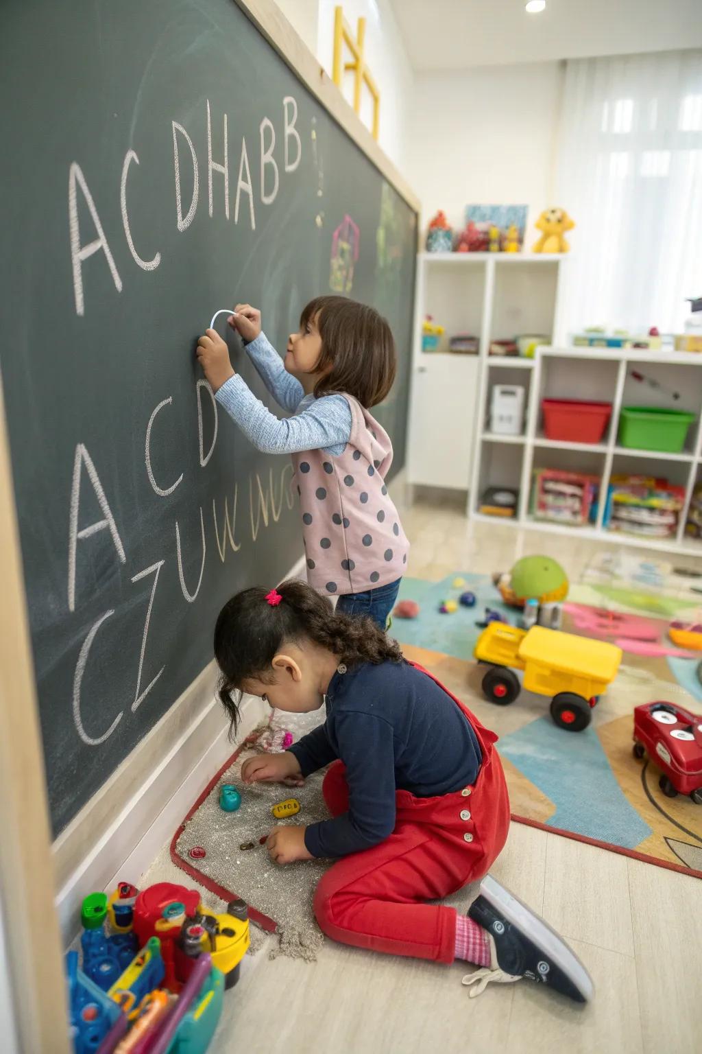 A chalkboard wall with an alphabet helps learning through play.