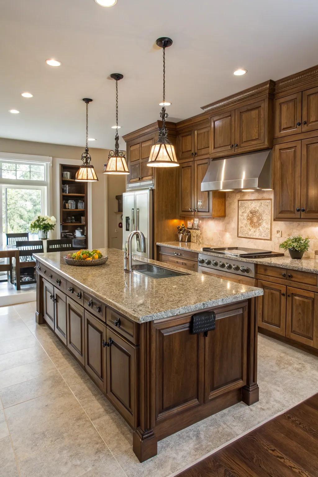 A wide-open island offering ample space for gourmet preparations.