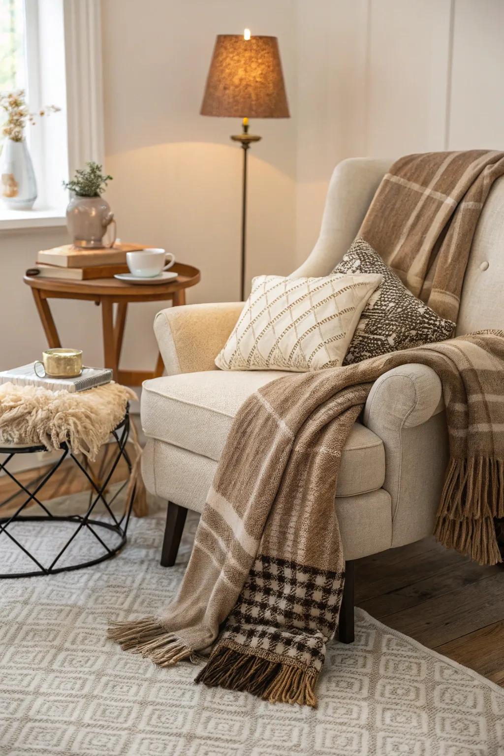 A cozy seating area with inviting blankets and throws.