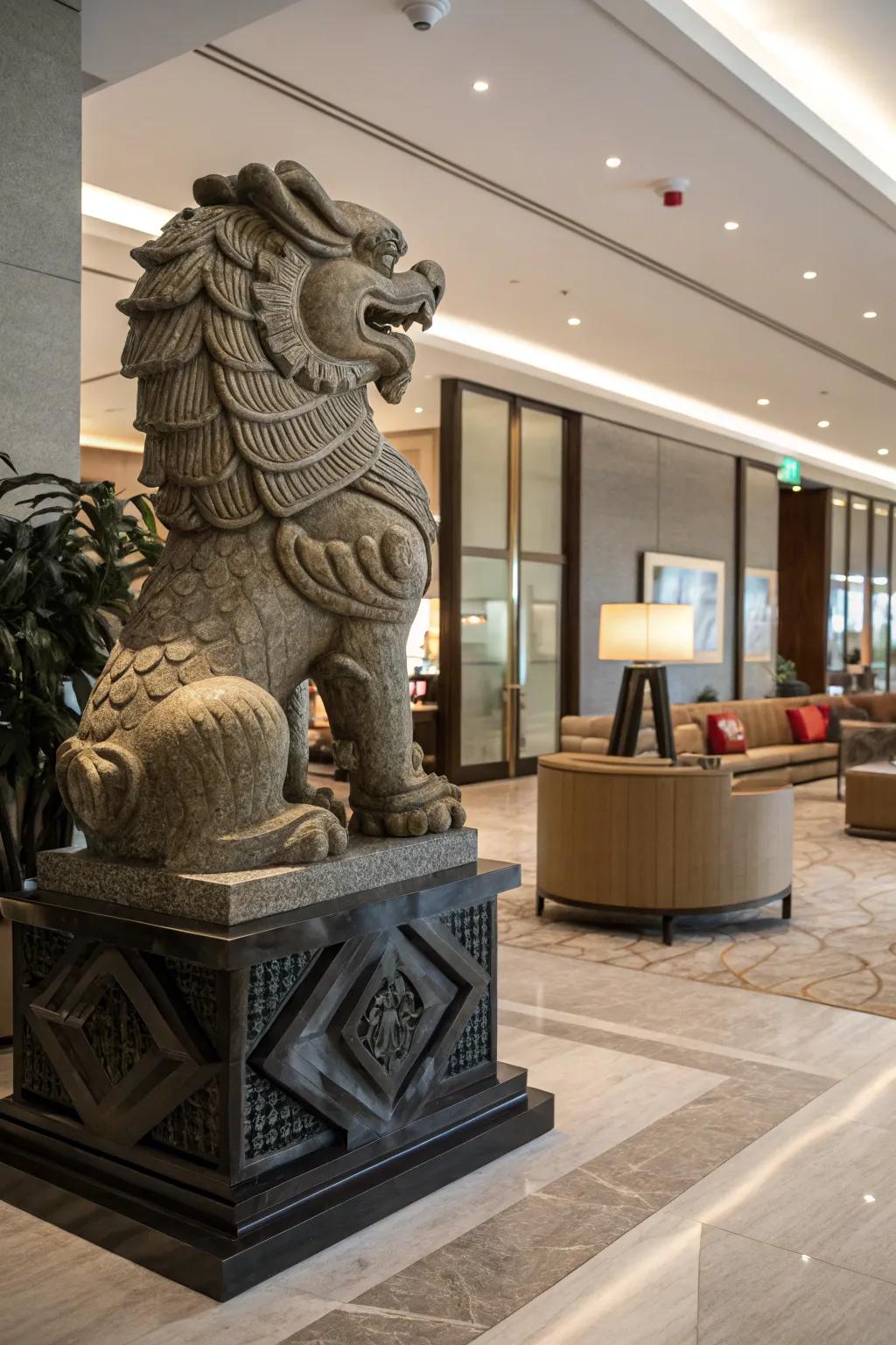 A striking Chinese-inspired sculpture serving as a focal point in the lobby.