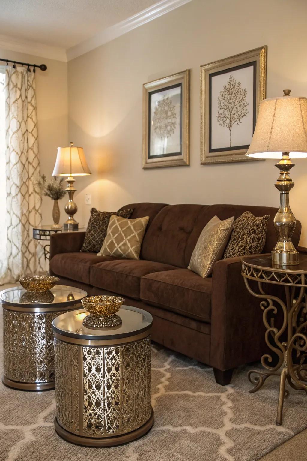 Metallic accents bring a touch of glam to a chocolate couch setting.