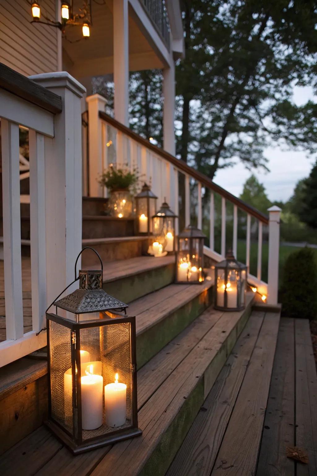 Lanterns with candles illuminating the porch steps.